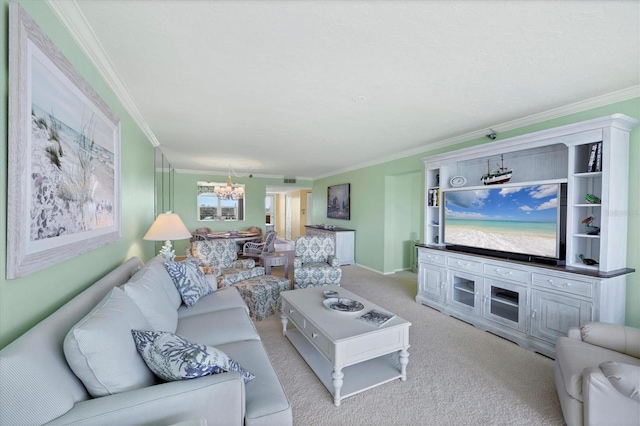 living area with light carpet, ornamental molding, and a notable chandelier