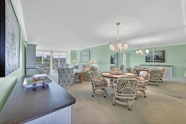 carpeted dining space featuring ornamental molding