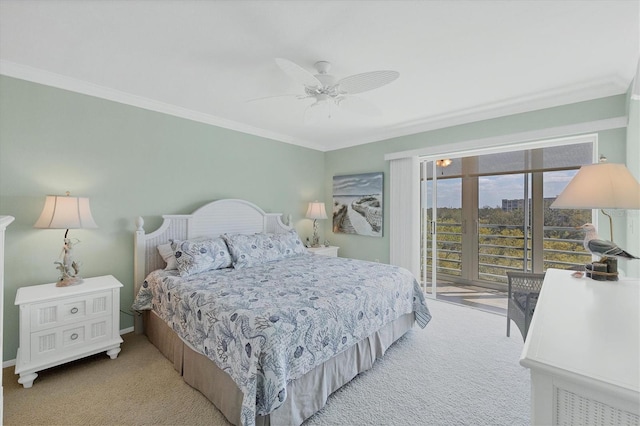 bedroom featuring baseboards, a ceiling fan, light colored carpet, ornamental molding, and access to outside