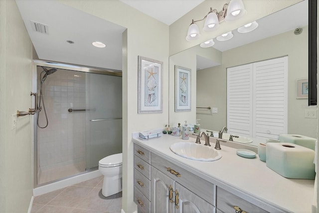 full bath featuring visible vents, toilet, tile patterned flooring, vanity, and a shower stall