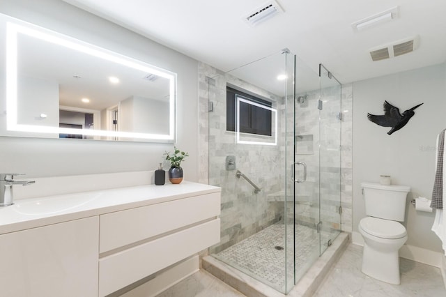 full bathroom with toilet, a stall shower, visible vents, and marble finish floor