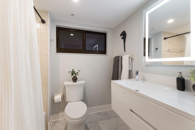 full bathroom featuring toilet, vanity, baseboards, marble finish floor, and shower / bathtub combination with curtain