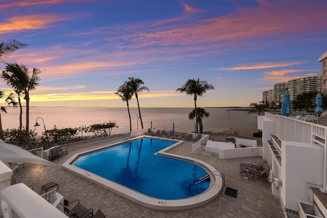 pool with a patio area and a water view