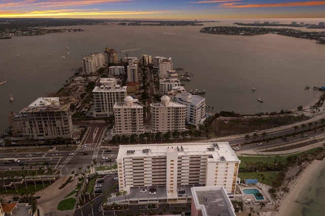 aerial view with a water view and a city view