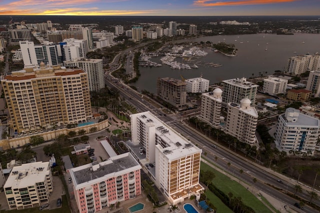 bird's eye view with a water view and a city view