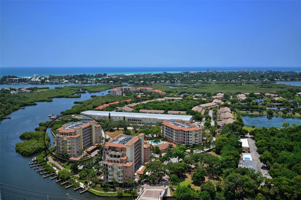 bird's eye view featuring a water view