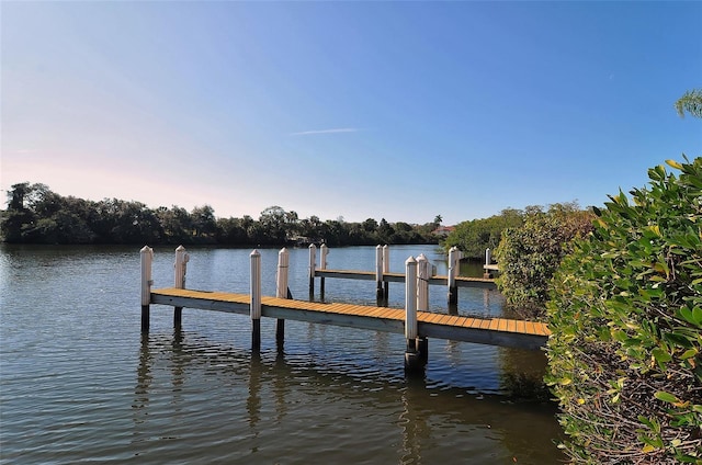 view of dock with a water view