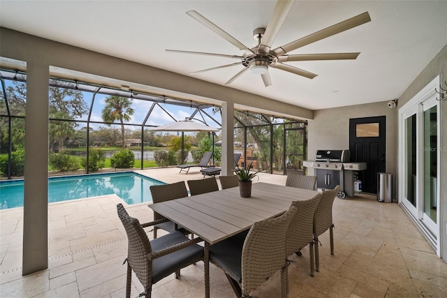 pool with area for grilling, outdoor dining space, a lanai, ceiling fan, and a patio area