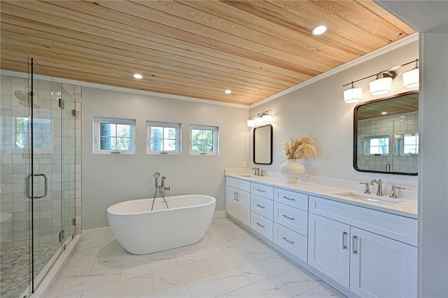 bathroom featuring marble finish floor, crown molding, wood ceiling, a sink, and a shower stall