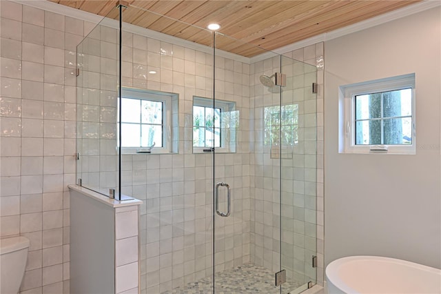 full bathroom with a stall shower, toilet, wooden ceiling, a soaking tub, and recessed lighting