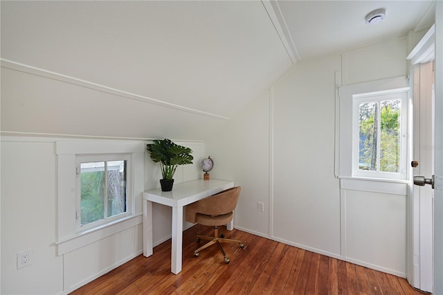 office featuring vaulted ceiling and wood finished floors