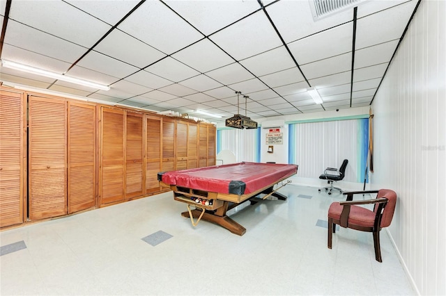 game room featuring light floors, a drop ceiling, billiards, and visible vents