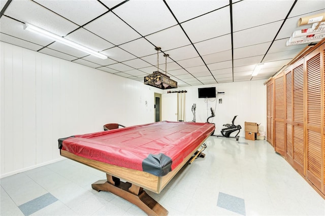 playroom with pool table, a drop ceiling, and tile patterned floors