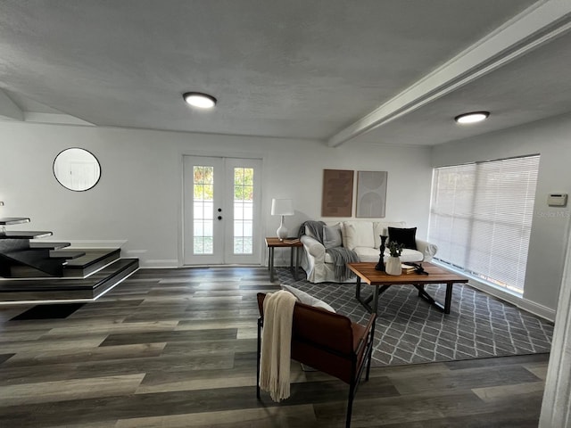 1397 43rd St, Sarasota, FL 34234 - living room featuring french doors, wood finished floors, and beam ceiling