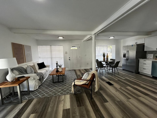 1397 43rd St, Sarasota, FL 34234 - living room with dark wood finished floors and beam ceiling