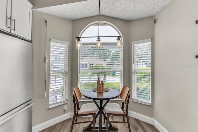 dining room featuring a textured ceiling, wood finished floors, and a healthy amount of sunlight