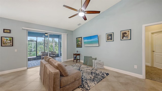 living area featuring visible vents, ceiling fan, baseboards, and light tile patterned floors