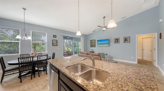 kitchen with open floor plan, a sink, hanging light fixtures, and stainless steel dishwasher