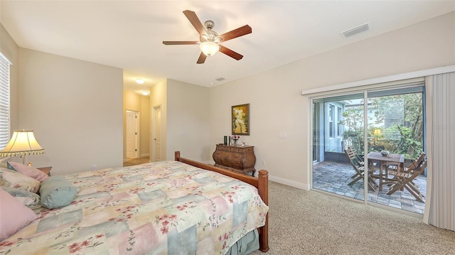 bedroom featuring ceiling fan, light colored carpet, visible vents, baseboards, and access to exterior