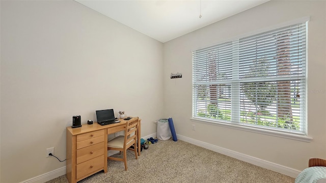 office with light colored carpet and baseboards