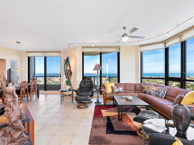 living room with a healthy amount of sunlight and a ceiling fan