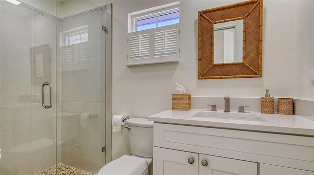 full bath featuring toilet, a shower stall, and vanity