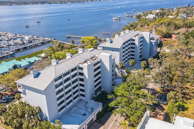 drone / aerial view with a water view