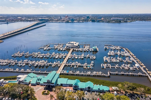 bird's eye view with a water view