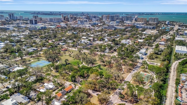 bird's eye view featuring a view of city and a water view