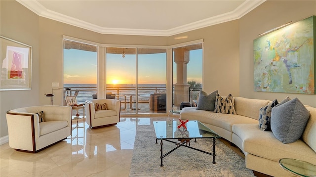 living room with crown molding, baseboards, marble finish floor, and a water view