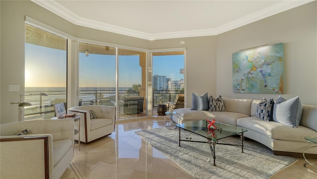 living room featuring a city view and ornamental molding