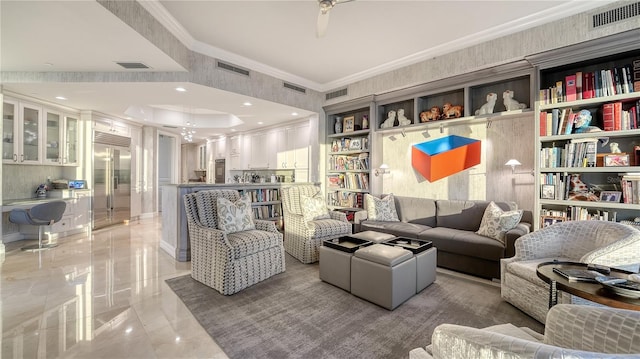 interior space featuring visible vents, marble finish floor, and ornamental molding