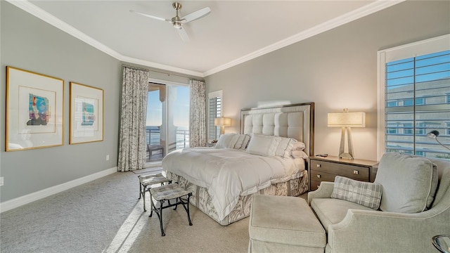 bedroom featuring baseboards, ornamental molding, carpet flooring, and access to outside