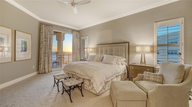 bedroom with a ceiling fan, carpet, baseboards, ornamental molding, and access to exterior