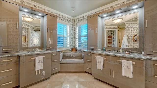 full bathroom with wallpapered walls, tile patterned floors, vanity, and crown molding