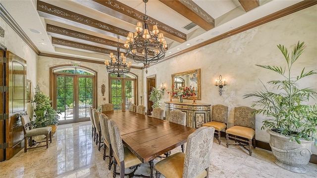 dining space featuring beamed ceiling, a notable chandelier, french doors, crown molding, and a towering ceiling