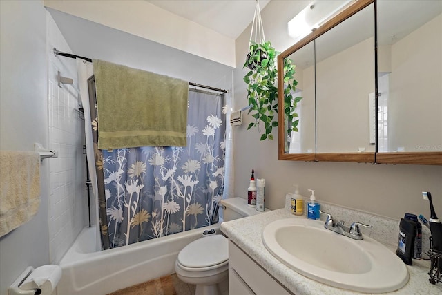 full bathroom with toilet, shower / bath combo, and vanity