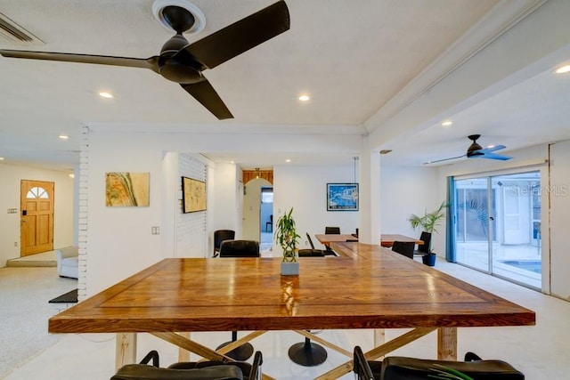 552 Juan Anasco Dr, Longboat Key, FL 34228 - dining room with a ceiling fan, crown molding, and recessed lighting