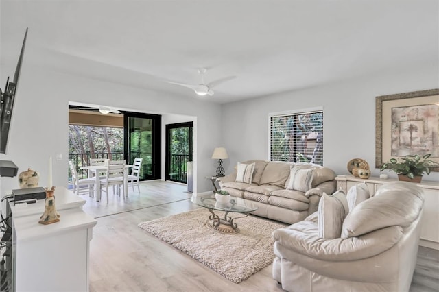 living room with a ceiling fan and light wood-style floors