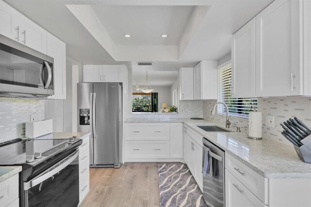 kitchen with a raised ceiling, stainless steel appliances, a sink, and white cabinets