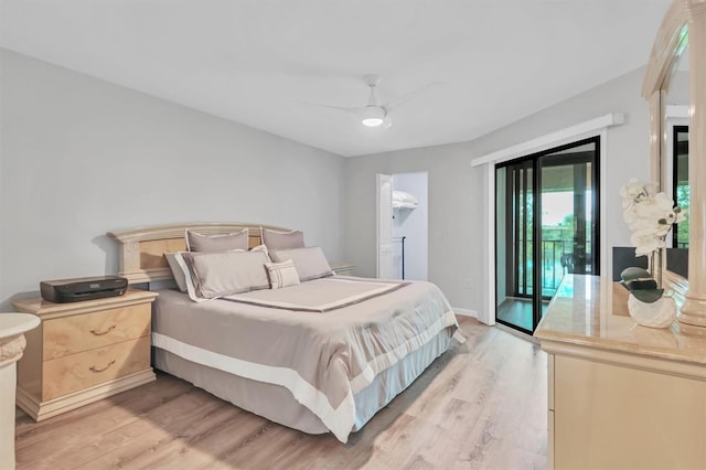bedroom with access to exterior, ceiling fan, baseboards, and light wood finished floors