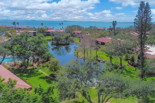 bird's eye view with a water view