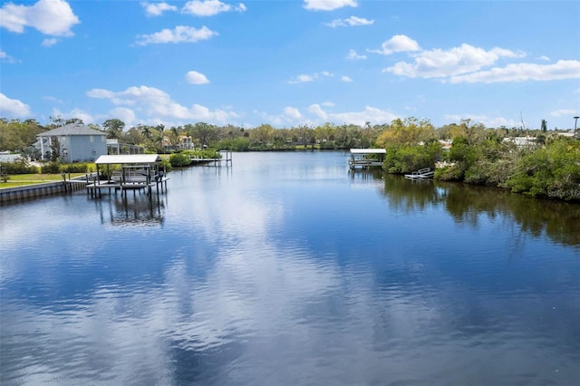 property view of water featuring a boat dock