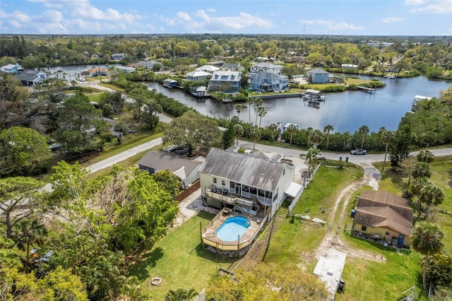 bird's eye view with a water view