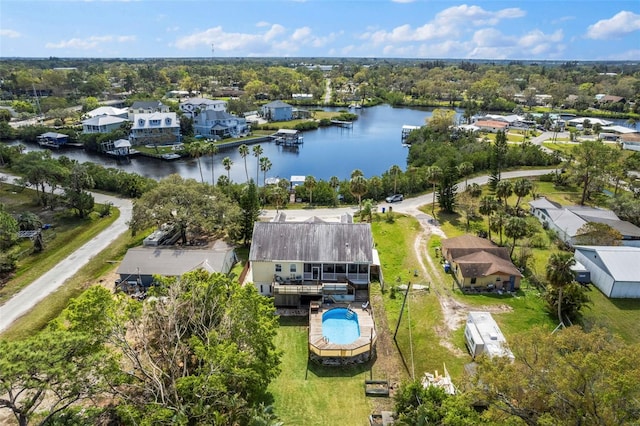 aerial view featuring a water view and a residential view