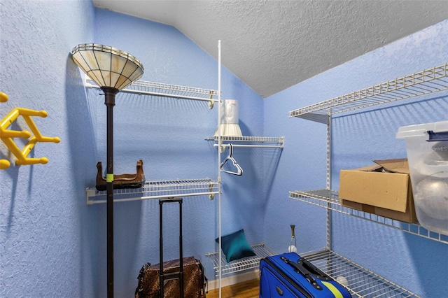 interior space with lofted ceiling and wood finished floors