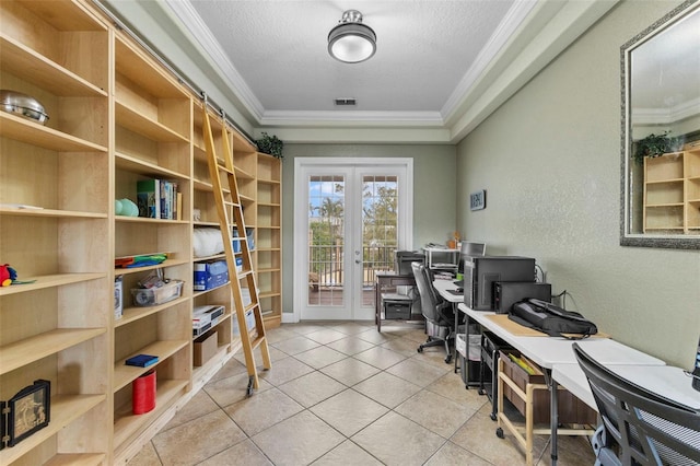 home office featuring french doors, crown molding, light tile patterned floors, visible vents, and a textured ceiling