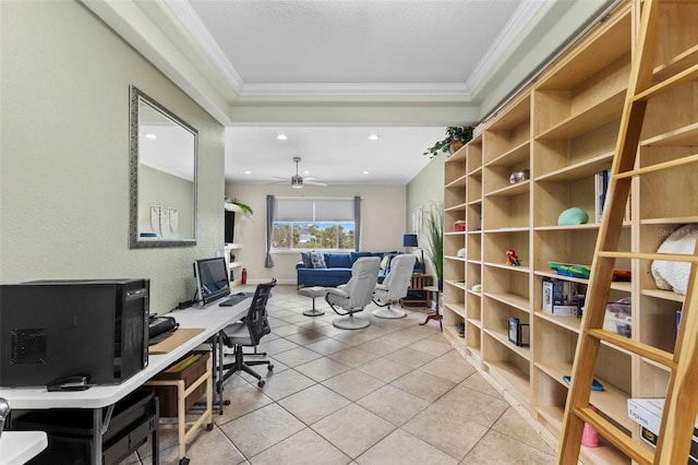 office space with recessed lighting, light tile patterned flooring, a ceiling fan, and crown molding