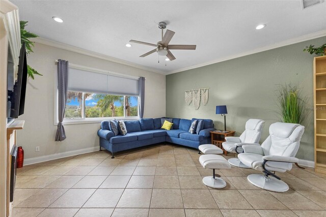 living room with light tile patterned floors, baseboards, visible vents, and ornamental molding