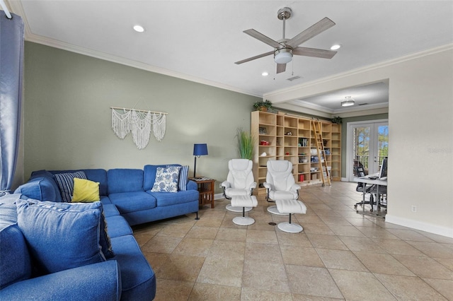 living area featuring recessed lighting, baseboards, french doors, and ornamental molding